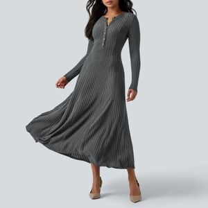 HALARA Ribbed Knit Henley Neck Long Sleeve Flowy Maxi Casual Dress